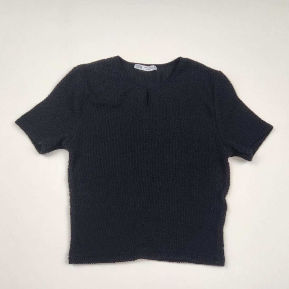 Zara Black Smocked Keyhole Short Sleeve Top sz S